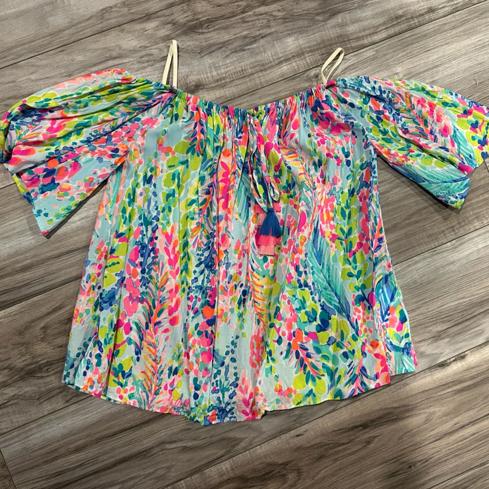 EUC Lilly Pulitzer catch the wave off the shoulder top with tassels